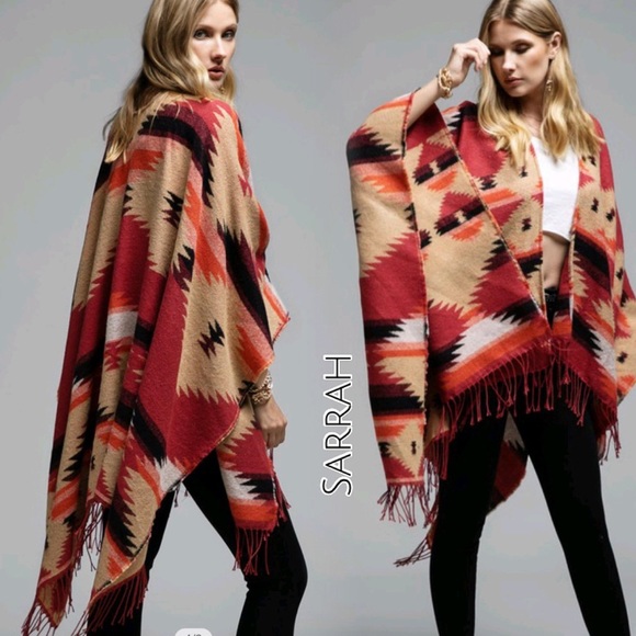 Last 1! New Southwest Print Ruana Wrap w Fringe - Picture 3 of 5